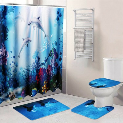 4tlg Set Ocean Seedelfin Badezimmer Duschvorhang Rutschfest Badematte 3