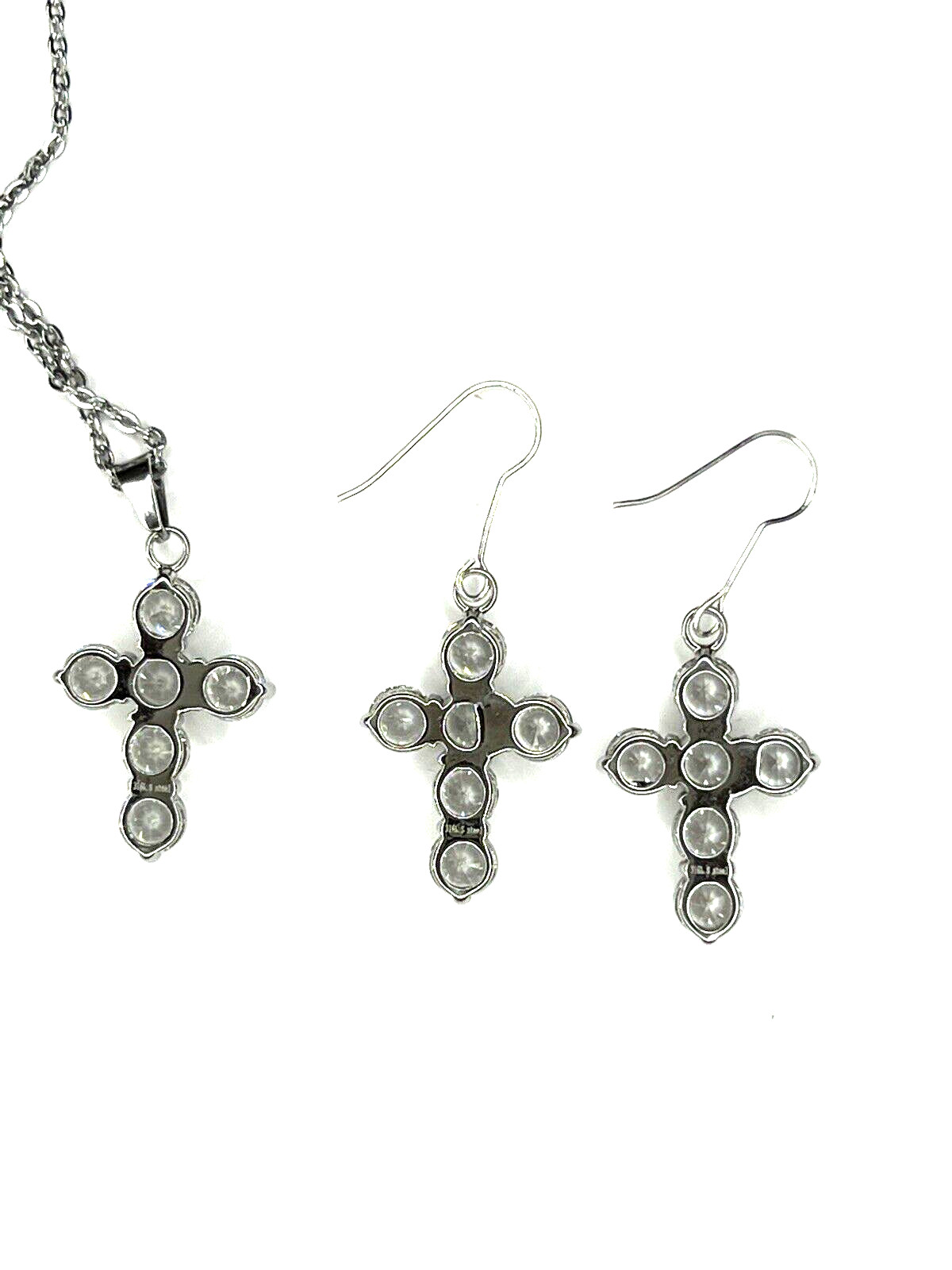 Cross Pendant Necklace and Earrings White Crystals and Stainless Steel