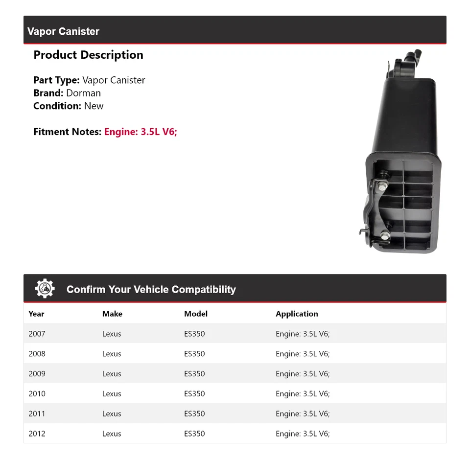 Bote de vapor Dorman V6 3,5 L 2008 2009 2010 2011 para Lexus ES350 2007-2012 Foto 2 de 4