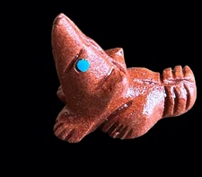 Zuni Fetish Carving sandstone Coyote with turquoise eyes by Louise Ponchuella