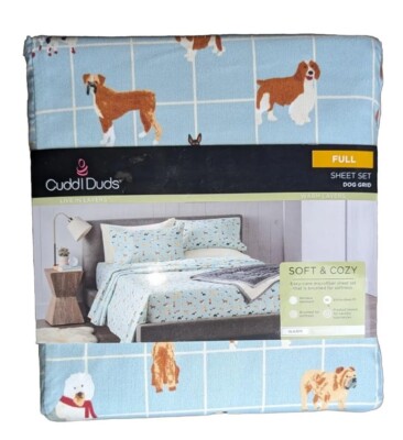 Cuddl Duds Full Size Microfiber Sheet Set Soft & Cozy Dog Grid mar24
