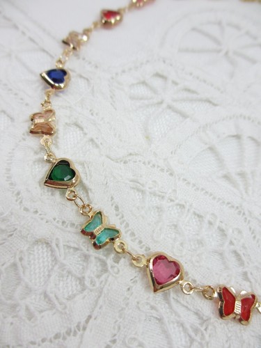 Crystal Anklet Dainty Butterfly Heart Ankle Bracelet Charms Gold Boho Colorful - Picture 6 of 10