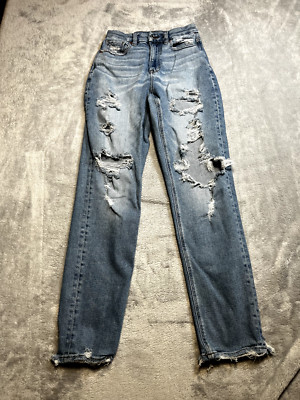 American Eagle Women 0 Stretch Ripped Curvy Mom Jean Distressed Light Washed