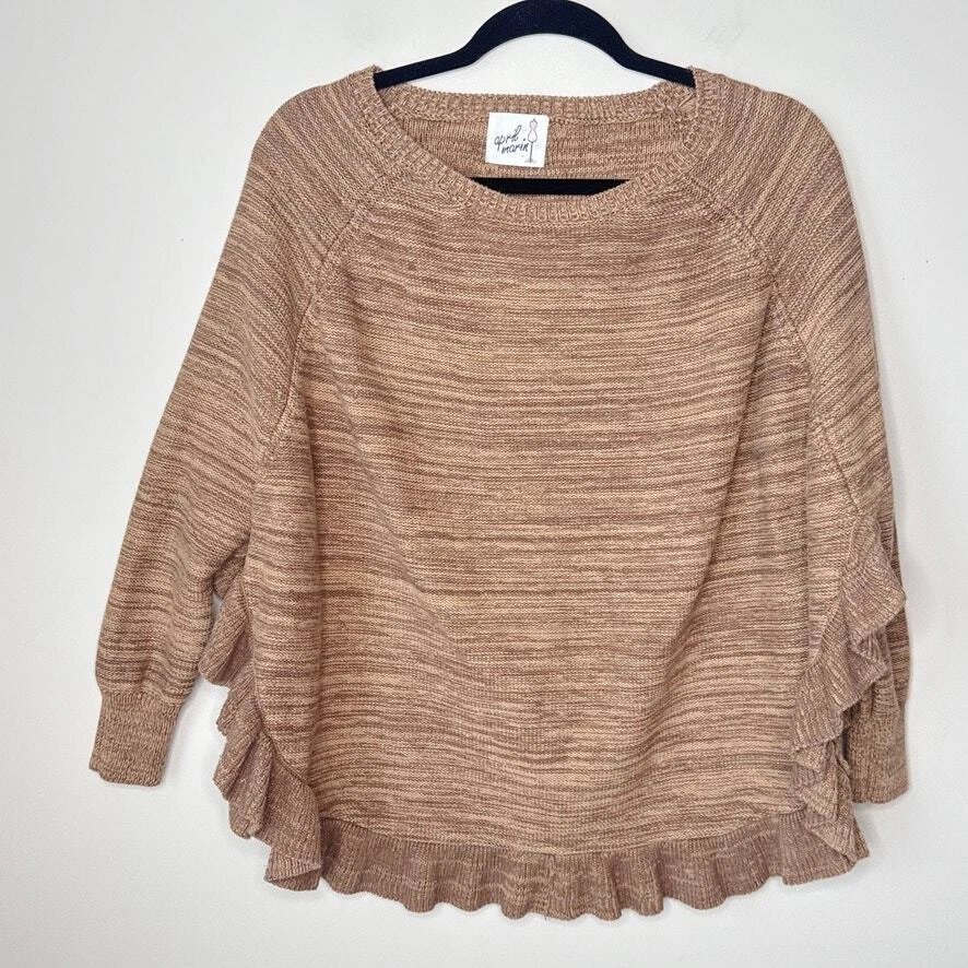 April Marin Westport Ruffle Cotton Sweater Pullover Poncho One Size Brown EUC