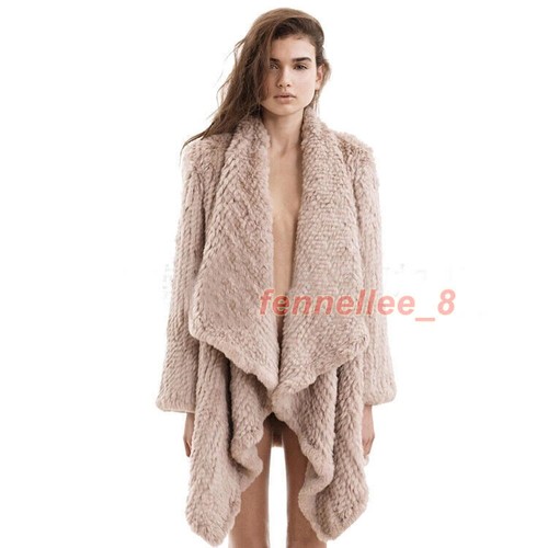 Women Real Knitted Rabbit Fur Coat Big Lapel Warm Fur Outwear Jacket Top Quality - Picture 5 of 32