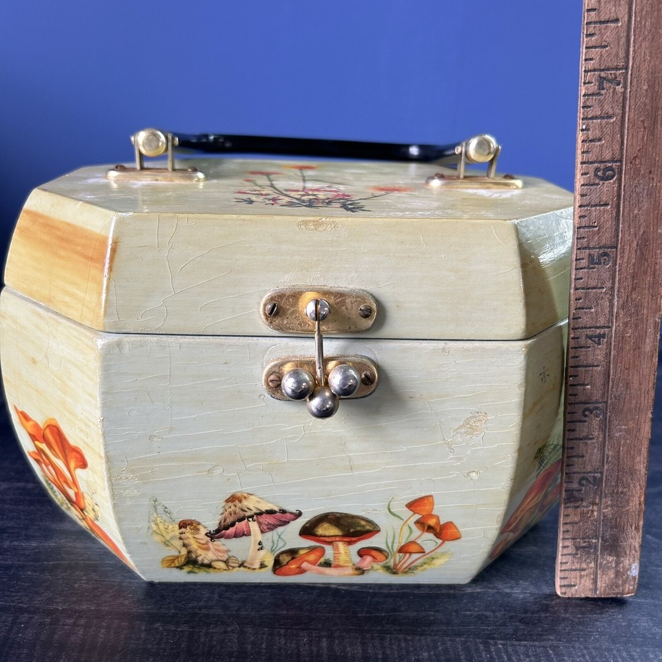 Wooden Sewing Box Plastic Handle Decoupage Mushrooms Vintage 1960’s MCM