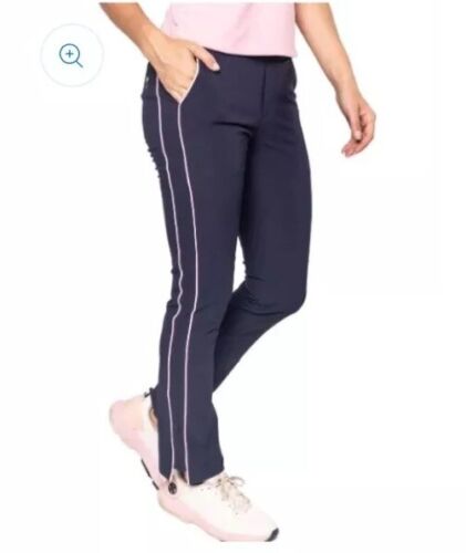Nuevo con etiquetas Pantalones de golf Golftini al tobillo Azul marino-rosa-rosa Rayas laterales $136 Talla L - Imagen 2 de 7