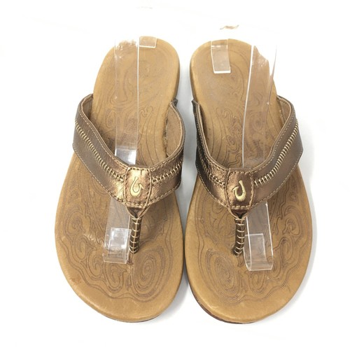 Olukai Haiku Flip Flops Sandals Shoes Womens Size 10 Bronze Gold Leather Slide - Picture 6 of 11