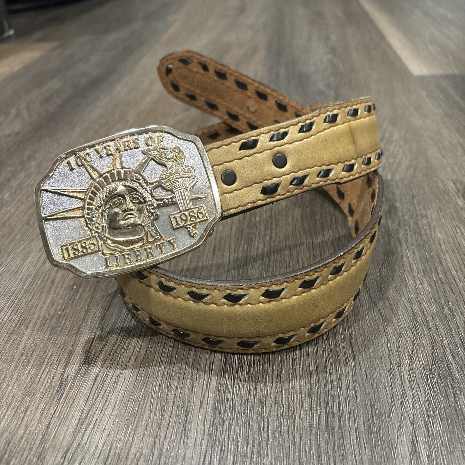 Leather Belt Statue of Liberty 100TH Anniversary Buckle 1886-1986 DIAMOND INSET-image