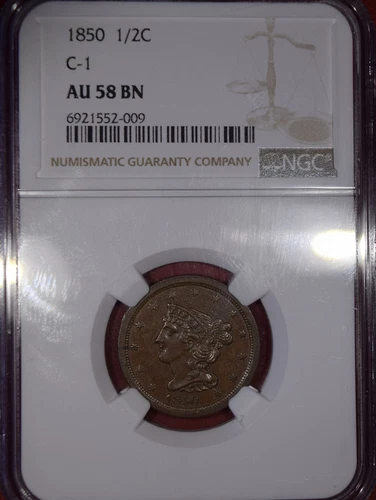 1850 "C-1" Braided Hair Half Cent "NGC AU58 BN" *Free S/H After 1st Item*