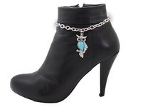 Women Silver Metal Chains Boot Bracelet Shoe Turquoise Owl Charm Western Anklet