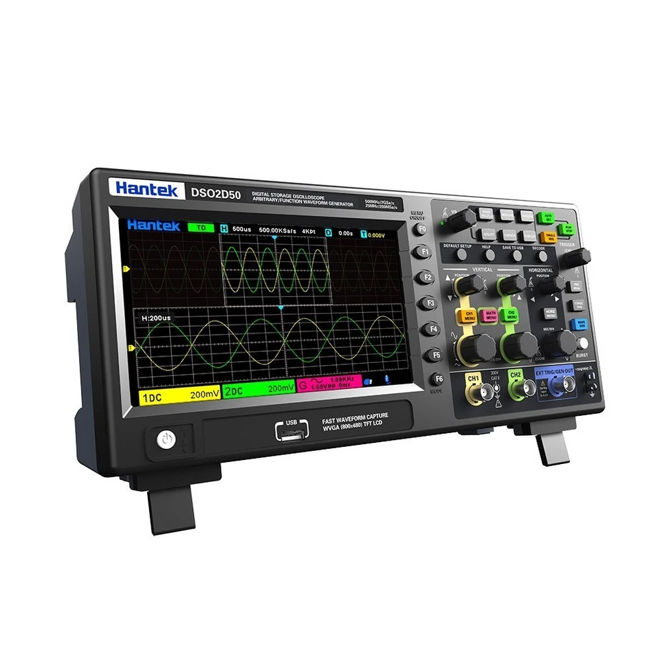 Hantek Digital Storage Oscilloscope 2CH 200Mhz-500Mhz +1CH 25MHZ Signal Source - Image 3 of 4