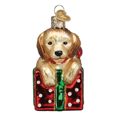 Old World Christmas GOLDEN PUPPY SURPRISE (12628) Glass Ornament w/ OWC Box