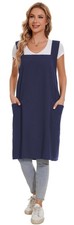 Linen Cotton Aprons for Women Smock Cross-Back Apron with Pockets 07-navy