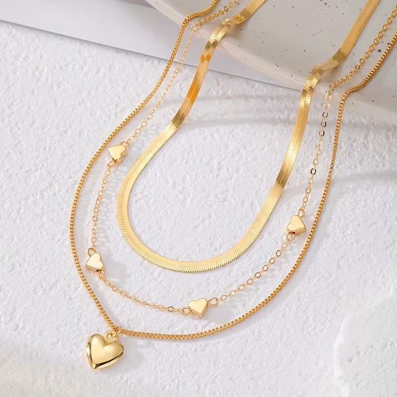 Gold Layered Heart Necklace Set Women 3 Layer Choker Chain Pendant Jewelry Gift