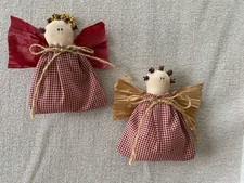 2 Handmade Fabric Folk Art Angels Christmas Primitive Rustic 3 3/4 Inches Tall