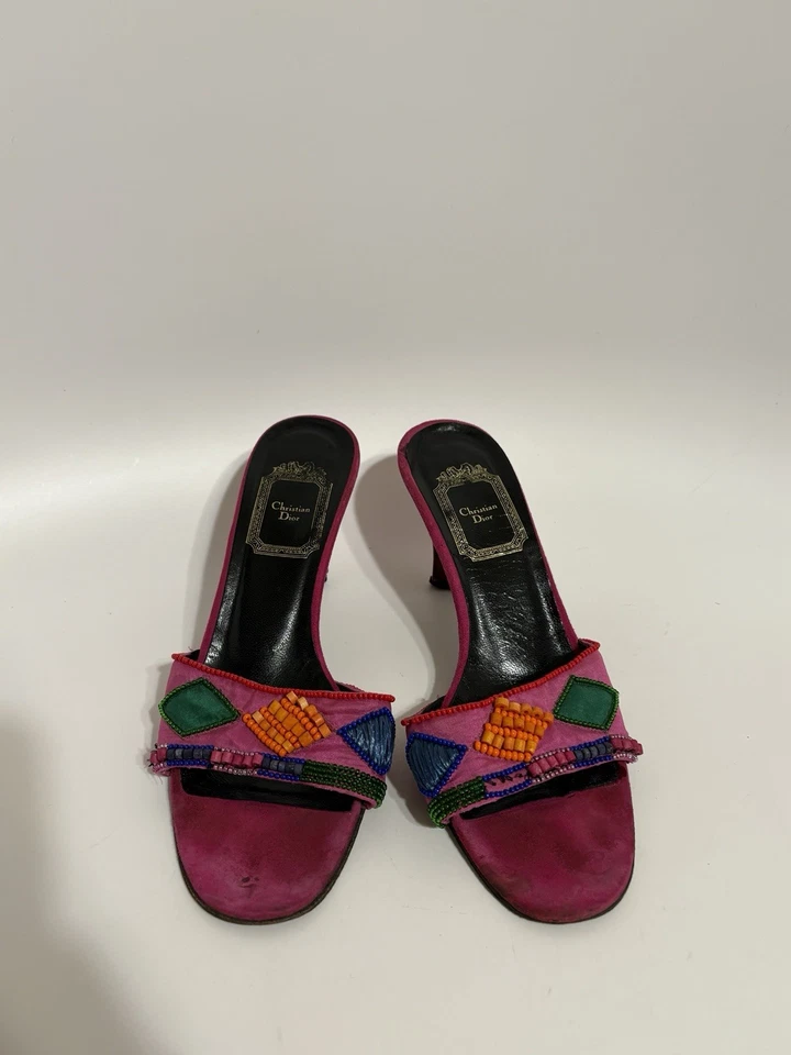 Vtg Christian Dior by John Galliano Pink Beaded Suede Heels 36