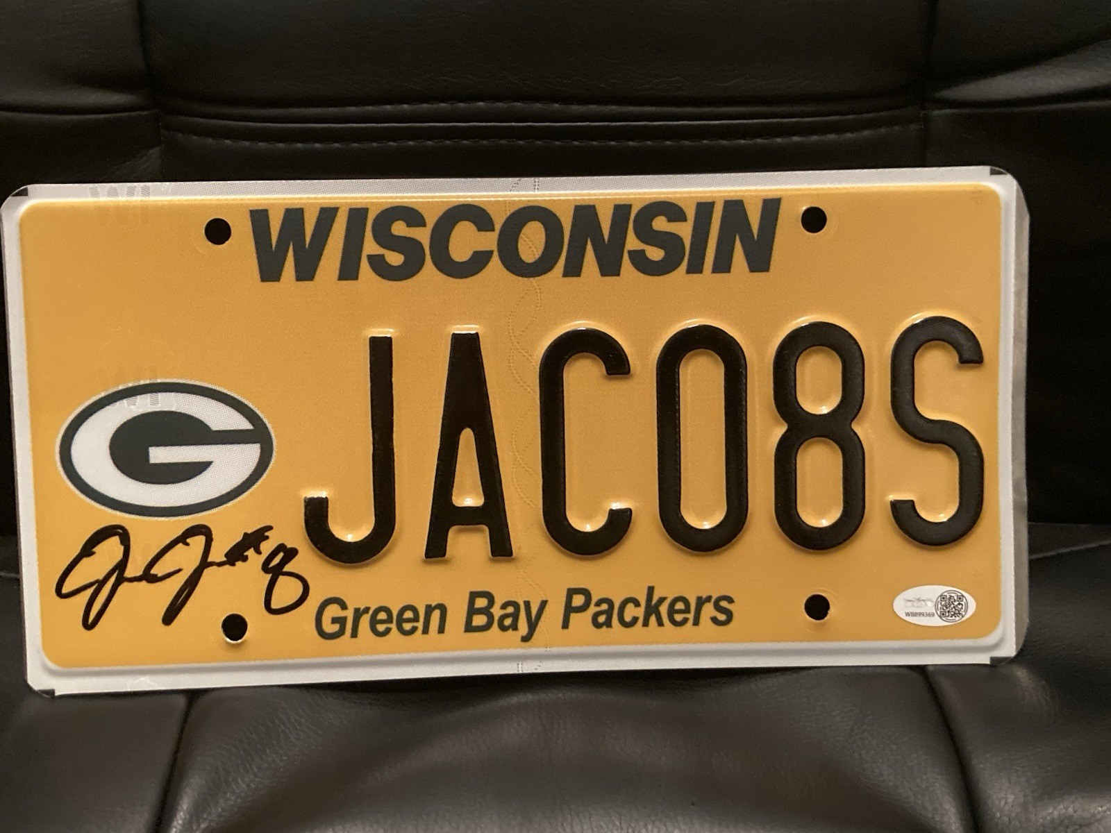 Aaron Rodgers Autographed Signed Green Bay Packers Josh Jacobs Wisconsin License Plate Becket COA 