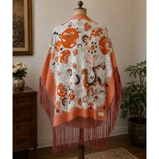 Vintage Francoise Guerin Printed Fringe Shawl 46x46in