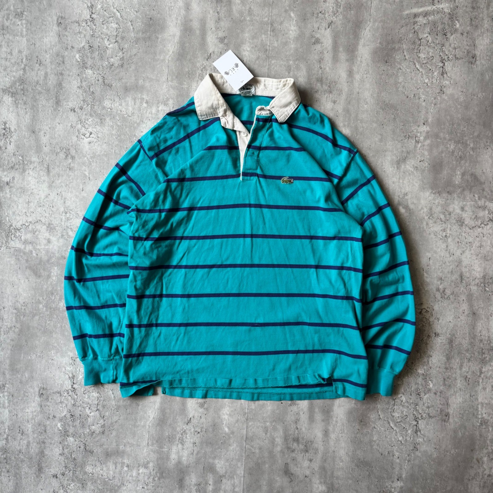 Vintage Izod Lacoste Striped Rugby Shirt Mens Large Teal Blue Made in USA L