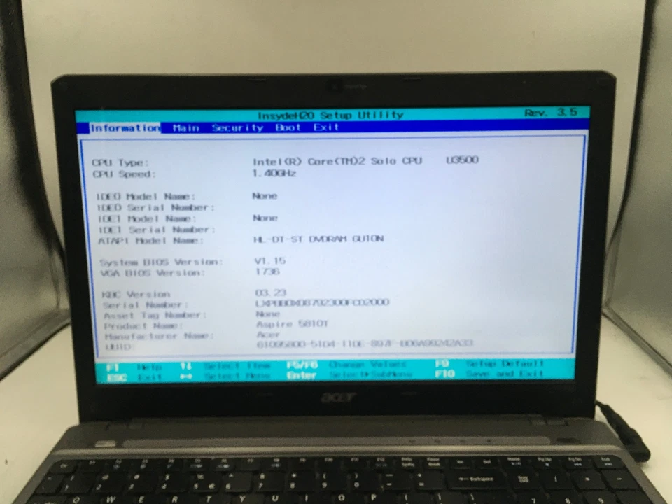 ACER ASPIRE 5810T - BOOTS TO BIOS - INTEL CORE 2 U3500 - 4GB RAM - 15" -READ- BB - Image 2 of 4