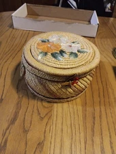 Vintage Woven Wicker Straw Sewing Round Basket Box w/ Raffia Floral Embroidery