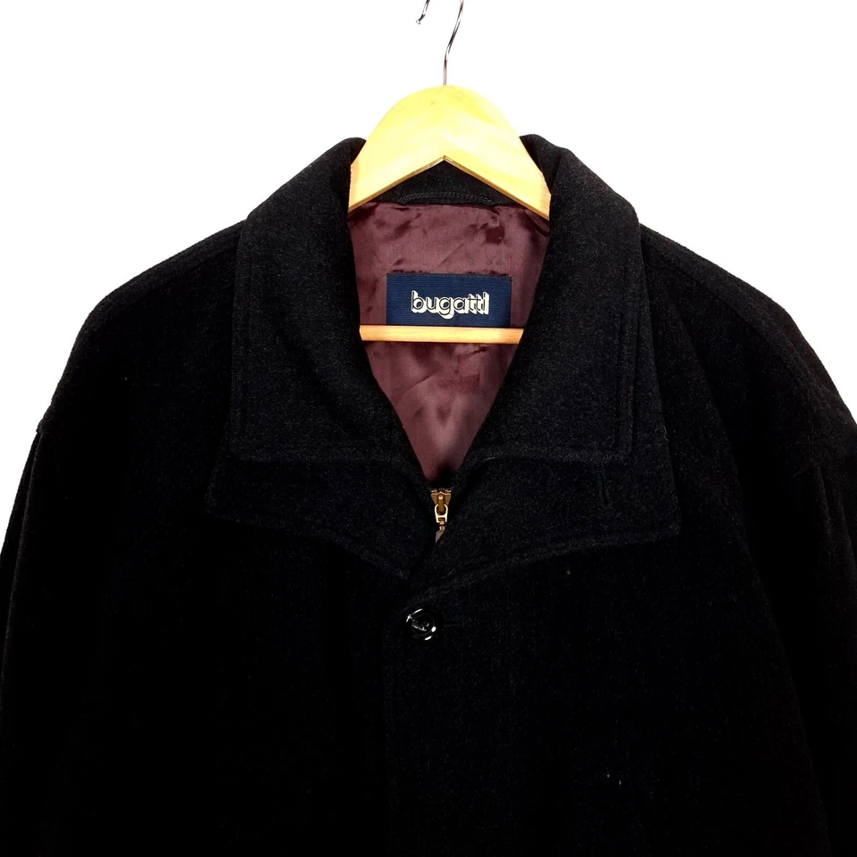 BUGATTI Men Coat Size EU55 UK46 3XL Wool Black Button-Front Long Collared - Image 3 of 4