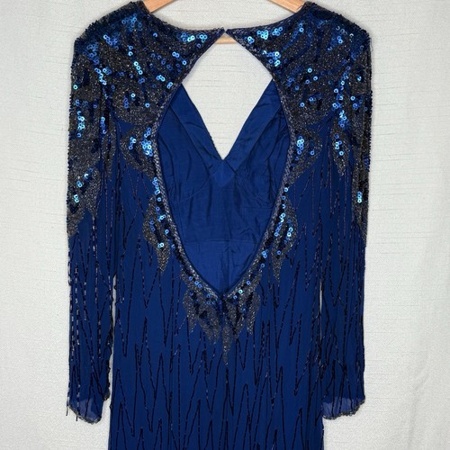 VTG 80s Demetrios Designs Silk Beaded Sequin Evening Gown Womens 14 Cutout Back - Afbeelding 8 van 12