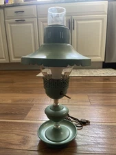Three Piece Vintage Green Tole Ware Turn Key Table Lamp