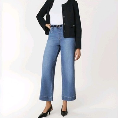 Spanx Cropped Wide Leg Jeans Blue Patch Pocket Tummy Control Pull-On Size M