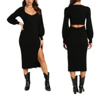 Lulus Fall Lover Black Balloon Sleeve Midi Sweater Dress XS Bodycon Party