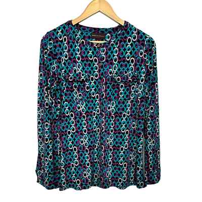 Dana Buchman Women's Size Medium Blue Purple Long Sleeve Button Down Shirt 