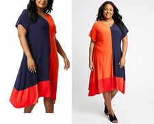 MARKS & SPENCER CURVE JERSEY COLOUR BLOCK ORANGE NAVY MIDI DRESS Sizes 18 to 32