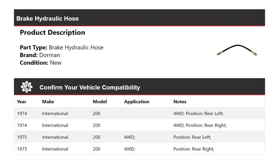 Manguera hidráulica de freno International 200 Dorman 1974-1975 Foto 2 de 4