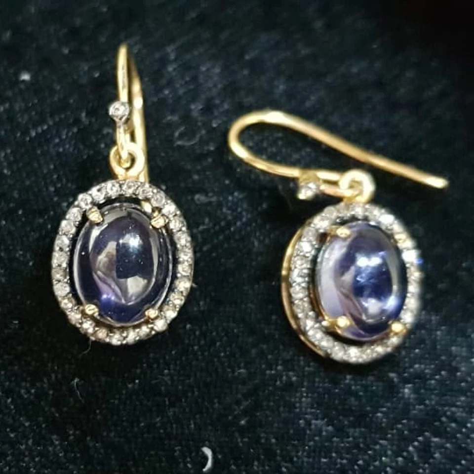 Iolite Gemstone 14K Gold Diamond Pave Hook Earrings 925 Silver Fine Gift Jewelry - Image 3 of 4