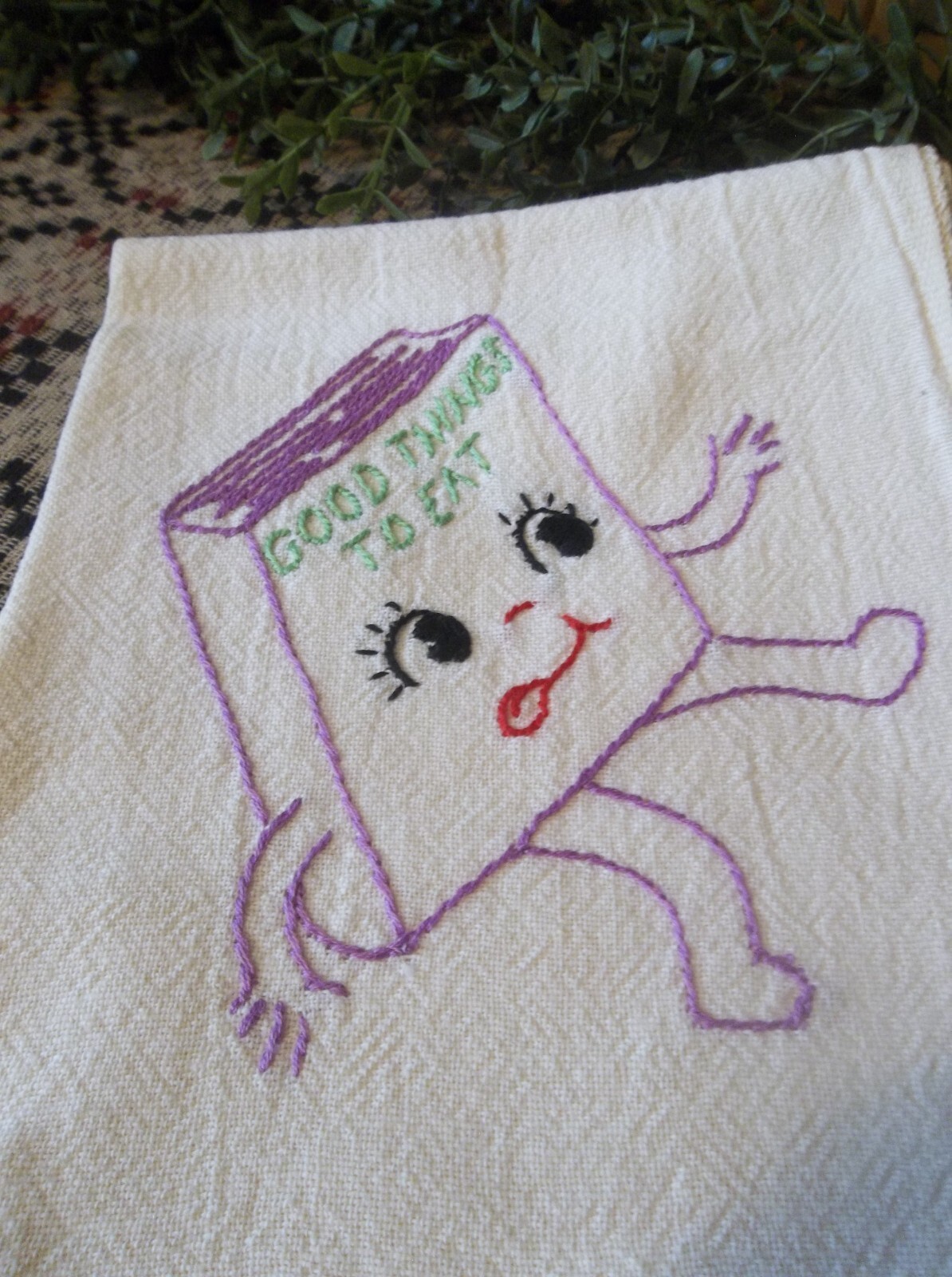 Set of Seven Vintage/Antique Hand Embroidered Flour Sack Cotton Tea Towels - Ket