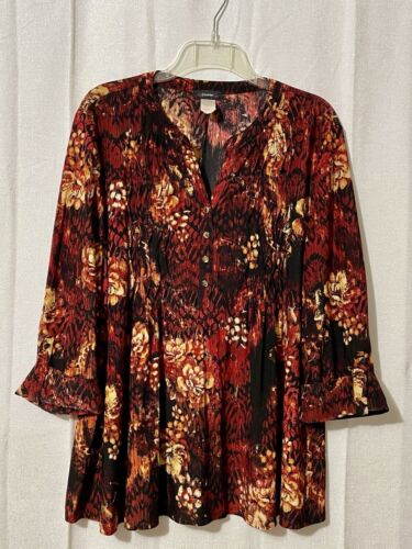 Cocomo Dark Multicolor Flowy Stretch Popover Top Boho Chic Artsy 3/4 Sleeve XL - Picture 3 of 17