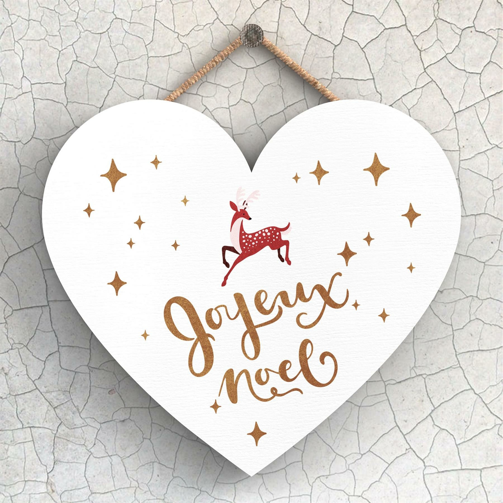 JOYEUX NOEL REINDEER TYPOGRAPHY ON A HEART SHAPED WOODEN HANGING PLAQUE