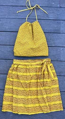 Vintage 60s/70s 2 Piece Bright Yellow Floral Mini Skirt And Halter Top Hippy XS