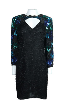 Vtg LA SCALA US Women s PM MP Black Silk Beaded Evening Party Dress Open Front