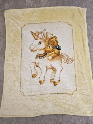 Vintage EUC Novatex Baby Blanket Unicorn Bear Yellow Baby Soft Throw 51x43  Rare