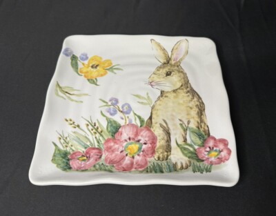 Maxcera Spring Collection Floral Bunny Rabbit Square Salad Plate 8