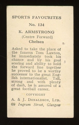 1948 A & J Donaldson Sports Favourites Soccer #134 K. Armstrong PR - Picture 2 of 2