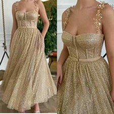Sparkling sequin evening gown beads spaghetti strap celebrity ball party dress