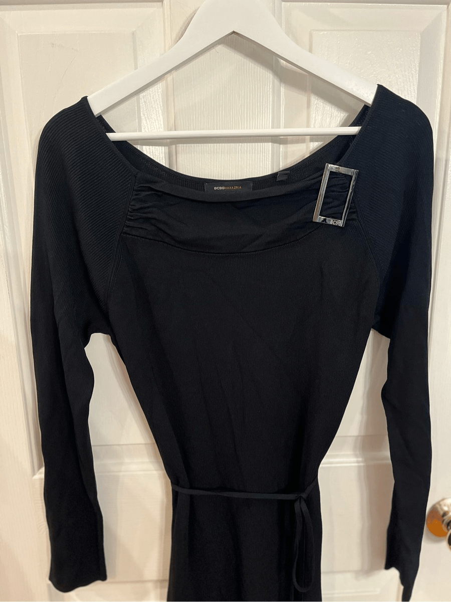 BCBGMAXAZRIA Black Ribbed Tie Belt Li g Sleeve Dress sz L