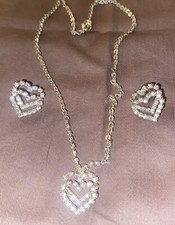 18  Silver  Clear Stones Necklace  Pierced Earrings Set Double Hearts