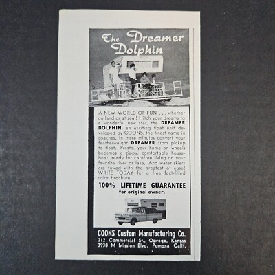 1962 Coons Custom Mfg Co Dreamer Dolphin Vintage Print Ad Float Unit Pomona CA