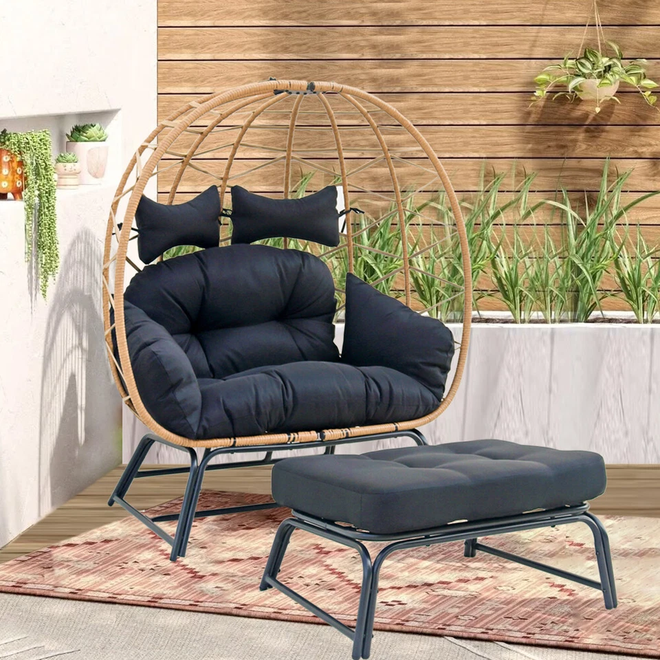 2 Persons Egg Chair Patio Wicker Oversized Lounger w/Stand Cushions Patio Chair - Image 2 of 4