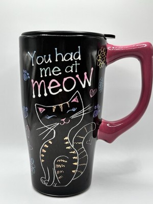 Spoontiques  You Had Me At Meow  Travel Mug Cat Coffee Cup Lid Pink Handle NWT