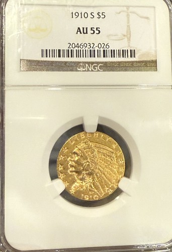 1910-S $5 Gold Indian NGC AU55! Better Date Half Eagle